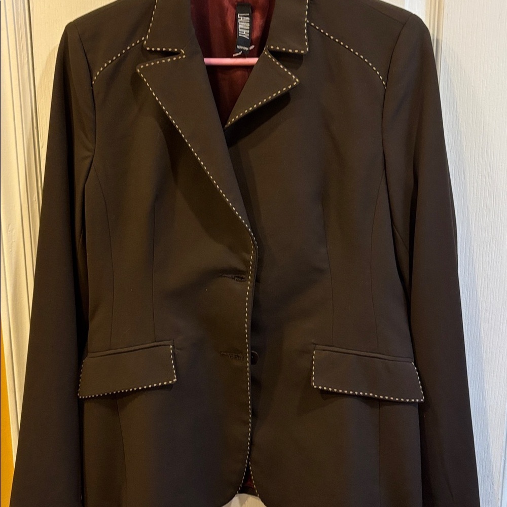 LAUNDRY BY SHELLI SEGAL BROWN JACKET TAN PIPING AROUND SEAMS/POCKETS/NECKLINE - Picture 4 of 15